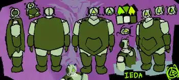reference sheet for Ieda, a limeish-green robot with a concave triangle-eye, wearing a gardening apron. Her legs and arms are painted to look like gardening boots and gloves.