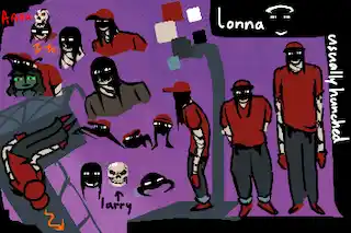 reference image of Lonna, a lanky tar person that wears a red cap and bandages to keep the tar in, and Larry, the skeleton that Lonna is piloting.