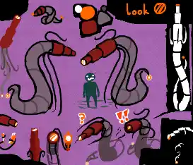 reference sheet for LOOK, a snakelike robot with a retractable tube for a head. she has a light on the end of her tail and three noodly wire-like limbs from the back of her head.
