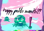 transgender landscape. a luce emerges from a lake holding a trans flag, and a smaller luce frolicks in the fields