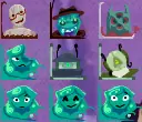 a set of portraits that would fit in a lower left corner: a wooden mannequin with glasses and a drawn-on smile, a salivating thing wearing detective attire, a meaty thing wearing a hood with four eye holes and horns, a teal slime person looking disgruntled with the left part of her face missing, a green robot staring straight forwards, a warm-green robot tilting her head, and the same teal slime person three more times looking annoyed, happy and relieved.