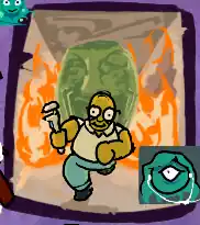 drawing of a dream of me playing as homer simpson, running from a giant green head that smashed through a wall and started a fire. homer wields a giant wrench. the dream me has earbuds in and is panicked, though the facecam wasn't really in the real dream. I was panicking trying to homer simpson escape though!