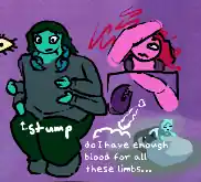 person with four arms (with one arm having no hand, labelled 'stump') and two crab claws coming from the back of her neck. person staring at the ceiling, arm covering her right eye, crab arm in view, text in a thought bubble reading 'do I have enough blood for all these limbs...''. person awake in bed next to a blahaj plush with two arms.