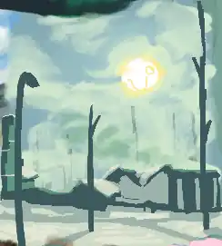 drawing of some houses and a tower covered in snow. big sticks poke out of the ground, reaching far above the houses. the sky is mildly cloudy, but the sun is still very bright and smiling.