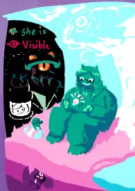 teal person with cat ears wearing glasses and a sweater and sitting down next to a tree and water. a trans-coloured lightbulb floats above her hands. a trans heart lies on the ground as a teal thing sits on it. an eye wearing a big hat is in the tree leaves. far below, a weird thing sits in a cave. a teal fungus person holds up a lantern with a face in it in the dark, light shining on the bottom of their mushroom cap and the side of her face tentacles. a tall silhouette is in the background, blocking out the stars. text reads 'She is Visible'.