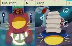 text reads 'Dual Wield, 5'. small v2 in the v2 arena, sitting in the water holding a dual wield powerup. the stained glass in the background is now of small v2 and sleeping filth. text reads 'Soap, 5'. small v1 on a boat crushed under the weight of 5 soap bars. the leviathan is in the background doing whatever the leviathan does.