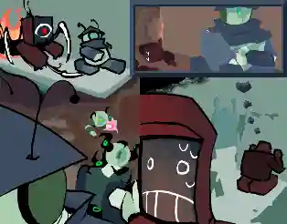 antennaed green robot in navy-blue shell telling her friends (a green robot, a pink slime blob, and a dead green robot that is infested with black tendrils with green eyes) about a burning dark red machine with scythe-protrusions that chased her. to the right, a dark red robot is staring nervously at a fire as her colleague (another dark red robot) is banging frustratedly on the wall, thinking about how the antennaed green robot blew her up, resulting in the fire, and ran away with sparkling red objects in tow.