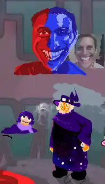 fiery bright orange person, with light orange hair and outlines, resembling the sun. they wear a purple witch hat with a shiny black band, a purple long-sleeve crop-top robe, and a second black top to purple bottom robe that has five starts scattered on it. underneath that reaches down to their boots. they are smiling at the camera, left arm on their hip. To their right is a smiling person with a light purple scarf, dark purple beanie, clothing and hair. they are shoulders-up out of a square hole, which is also dark purple, blending in with their clothes. above is a Portrait of an edited image of a man (jeremy elbertson) with a large grin. Its left side is blue, and its right side is red. The left eye stares straight down at the viewer, while the right crescents upwards in glee..
