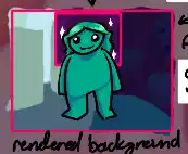 short teal person with beady eyes and a smile.