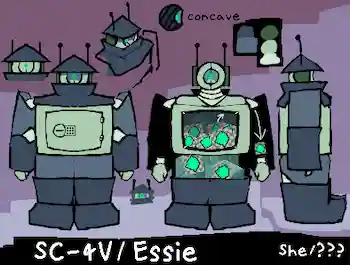 reference of a green robot with navy arms and legs, and a navy hat and croptop turtleneck thing. her head is a concave sphere with a green dot for an eye, and has two antennae. her chest is basically just a big box with a safe door on the front. a diagram depicts objects from her internal storage being deployed to her hand.