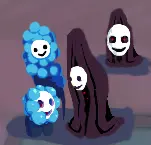 Hans from Brutal Orchestra, a short, blue polypy creature wearing a mask that could be mistaken for a blue flower person, and Shadow from Look Outside, a tall creature covered by a large sheet wearing a mask, with two red dot eyes peering from the shadows inside.they have traded their respective masks, with Hans having her red inside bits exposed by the eye and mouth holes, while Shadow has to move their eyes below the mask as Hans' mask has no eye holes.two extra doodles have Hans as tall as Shadow, looking like a weird cob of blue corn, and Shadow as short as Hans, with their mask being nearly as tall as them..