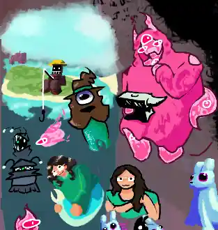 from top to bottom: rust red robot wearing yellow sou'wester sitting on an island fishing.
                        eyeball creature with brown hair that is also a witch hat with a teal band and a teal fishtail coming from the bottom. pinkish magenta flaming slime eel with one eye. a finned navy metal robot thing with teeth and a lime eye in between the teeth, as well as two glowing antennae.
                        a mermaid luce wearing glasses, a long sleeve teal shirt. the teal fish scales from her tail can be seen speckled on her neck. she is holding her tail. to the right side is a bright pink slime person. She has three eyes, with a few more being spotted around her body and tail. Her long hair is also her robes, and she is holding a light green anvil.
