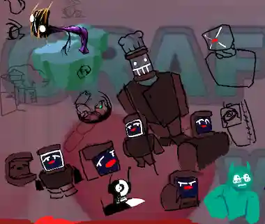 many robots that are rusty red. her screen face has a big red nose and somewhat tired eyes. there is a taller chef robot with the same colours, but with two dot eyes and a wide grin that occupies the lower half of her screen. she is wearing a big chefs hat. Top left is a bowing stretchy twisting stem thing. its base is a shiny purple, a rootlike arm extends from where its torso would be to the ground, and its head is a  black mask that shines orange, with two white circles at the top left and bottom right, with a white line going from center top to center bottom. the top mask corners extend into very thin horns, while the bottom extends into the same, possibly appearing to be fangs due to positioning. it stands bent at a 90 degree angle on an unthemed teal chunk of rock.