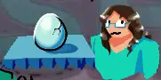 big shiny yummy looking light blue egg with a crack on the right. it is on a surface with ruffled edges. to the right of it is a person wearing glasses and vibrant teal clothing.