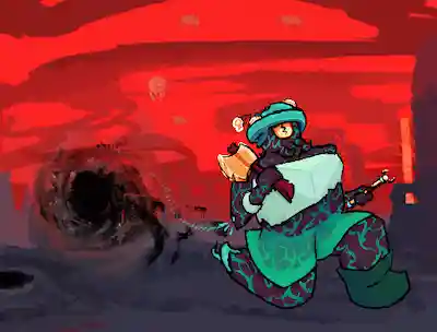 teal warped fungus person with dark purple bark, with single orange eye and orange shroom bulbs. three tendrils are where her mouth would be. she is wearing light mint crystalline armbands and a big hunk of mildly chipped light mint stone as a crop-top. her skirt is teal, and is fused with her skin at the rim (it is part of her). she is wearing a dark teal left boot, with her right foot having been chopped off as well as her right elbow having been cut open, leaking teal. she is holding a golden axe and amber wand with light blue wand caps, with a teleportation focus attached. more importantly, she is hastily running from a pitch black void monster that is warping its surroundings into itself.both of them are on a dark stone with dilapidated structures, with a red fog enveloping the background. this also renders the sky a bright red. vein-like stone cover part of the sky, leaking lava onto the ground. a white jellyfish-like Ghast just hanging out in the sky, miserable as always.
