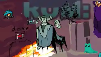 teal fungus with purple bark and teal veins, with glowing orange bulbs and a big orange eye. she is sitting politely on maroon rock. dead green cyclops robot missing its left arm and legs. behind it is a black mass dotted with green lights and stabby legs holding up the body. a second green robot is giving an enthusiastic thumbs up, and a third is giving a much less enthused thumbs up. to the side are low detail sketches of the three robots, and a teal slugcat.