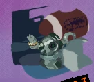 drawing of a painted clay sculpture-bust. it is a mildly damaged robot, with metal plating covering some of their injuries, as well as their right horn being broken off and their left horn having an exposed wire. the right horn has a golden band on it.