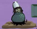 person-thing wearing a bucket. their skin is a sickly green. they are wearing a navy turtleneck.