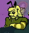 Bee person leaning on a wall. She is wearing a button top and a hairband with a flower. She is very, very yellow.