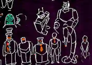 a lineup of robots. COOK, a tall robot wearing a chef hat and with a warm glow emanating from under her clothes, stands next to a robot with a welding-mask face. MOOK, a stout robot, stands next to a mannequin with a drawn-on face and tie. LOOK, a telescope-snake with a light at the end of her tail, 'stands' next to a pointy thing.