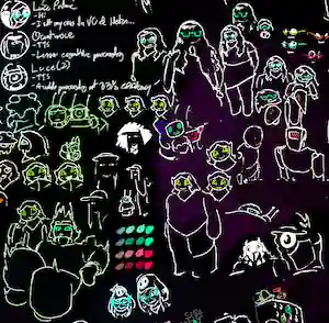 collection of doodles, including several faces of the human-ish forms of Essie and Ieda, Lonna, Essie falling, and several lucelets.