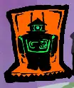 a silhouette of a boxy robot standing in a lit doorway. her green eye glows in the dark