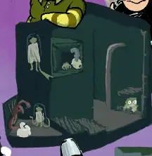 luce hiding in a vent, looking out in a hall. hand emerging from the darkness of a vent, with POV brandishing a metal pipe against it. sickly green person wearing a hospital gown, whose left arm reaches towards the viewer. the person, a spiky red creature and a scientist sitting around and chatting.
