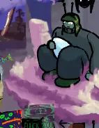 essie (rotting humanthing) sitting down and holding a large egg in her lap. she is sitting in yellow-purpleish grass next to a chopped trunk, near the edge of a cliff (purple).