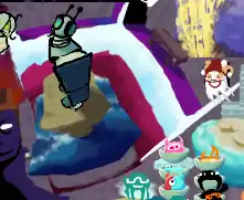 essie (robot) standing and staring up. she is standing on a sandy square pillar above the ocean, which is just a cube. the sky is only partially drawn, with a purple floor and walls and table seen in the outcropping where the sky would be.