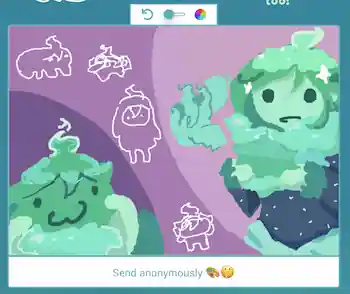 candlelike teal person wearing starry navy clothing with a lot of light teal fluff holding a small, fluffy version of themselves. lesser doodles of baba, fall guy, and two amongus.