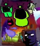 the watcher pointing a poison spear at big rift worm floater that is floating towards the watcher. additional floaters are emerging from a rift, which is floating in the air somewhere in a nasty acidic factory looking area (Fetid Glen). unrelated silhouette-like doodles of Essie, Ieda and Avo.