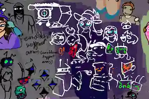 several doodles: essie peering under a bed, witch hat with trans pin, art mannequin wearing hard hat, avo with small drink, saline using the letter t as a middle finger due to their noodle limbs, essie throwing an among us mug at MOOK, cracking her screen, the blue one using parts of shapes to form a smile, AIEE witnessing ampersandy, and a chubby warped fungus.