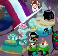 green bowls containing a pink slime guy, fire, bubbling blue liquid, the guy from jelly defense, tar with eyes, teal thing, tar with orange glasses, eye with hair, less impressed eye on fire. crowd of teal things listening to a teal thing on a pedestal.