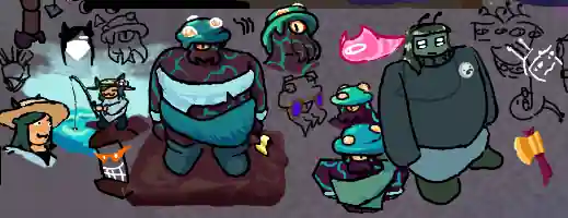 assorted doodles: tawfin, a warped fungus person with a squiddy mouth and one orange eye holding a gold axe and wearing light blue wristbands, a stone top, teal skirt and dark teal boots. her cap has glowing shroom lights on it. Avo, a pink horned slime with one white eye in slug forme. Essie with big wet eyes. a faded outline shows the slug body that was present before I decided to draw the rest of her actual body. golden axe with a maroon handle. catboy fishing. COOK wearing the sharp orange kamina glasses.