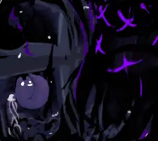 The slugcat named Watcher, holding a jellyfish next to a big purple rot worm, slowly floating upwards in a big empty metal place.