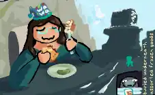 left: me wearing a birthday witch hat eating a sandwich and carrot cake slice, lone pickle sitting on the plate. right: big carrot cake statue high up on the mountains, dusted with snow. small teal figure stands near it. bottom-right corner: the freezer lighting up my face at night as I see a year-old carrot cake slice in its depths.