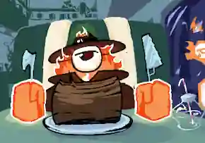 fernie, a fire humanoid with a big floating eyeball as a head, wields an axe and saw in utensil size and silverware style, looming over a tree log on a plate. she is tired looking and is sitting in a booth seat. in the background of the diner, a horned person sips their drink as they listen to the ramblings of a long-haired person, and a smoky person sits at a stool.