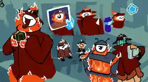 assorted fernie doodles: she holds a Dried Kelp Block, about to eat it (her eye pupil doubles as a mouth with tongue), an ice person (flurrie!) holds a photo of a younger fernie, before looking at a stressed and less kempt fernie, who immediately runs off after recognizing Flurrie. three small Fernies, one in the shape of Starwalker and another in the shape of Justus. an outfit swap between Fernie and Essie: essies navy armor is not very effective at covering Fernie, with fire spilling out from the joints and areas where there's just no armor, and Fernies coat allows Essie to wear more coat underneath, with her also brandishing a staple gun.