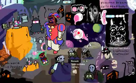 essie is a green robot with pink paint, fake eyes and yellow cloak to mimic Five Pebbles from rain world, with Ieda(metal) holding a paintbrush with pink paint on it. 
MOOK is a screen-faced rust-red robot wearing Pomni's outfit from the Amazing Digital Circus, and is not happy about being in it. AIEE reaches a claw out to glue fake blush marks onto MOOK.
Essie uses her iterator powers to lift MOOK into the air. MOOK is not happy about this either.
Ieda (flesh) is a person with roots inside of her, and is wearing the hockey mask and blue turtleneck worn by Hellen from Look Outside. She holds a cleaver and is outside the POV's door, peering out from the right of the mask. Hellens Unmask ability removes Ieda's face instead, revealing the roots underneath. Additional doodle of Ieda going heart emoji as Hellen towers behind her.
Avo is a pink slime blob who is taking Cyl's helmet from Picayune Dreams for a ride. Cyl is fine with this because she is dead. Picayune (from Picayune Dreams) is confused at Avo's presence, but shoots her with bullet hell bullets anyways.
Lonna is a skull lit by a tiny candle, reminiscent of the Cryptmaster from Cryptmaster. As she is a tar creature, the skull silhouette effect is done by just receding her tar far enough to reveal her skull underneath. Her skull is alive separate from her, and so they get to enjoy being able to just be a screaming skull for halloween.
Lesser background doodles of a hut in a forest, some buildings and the moon..