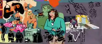 various doodles: rozie (glib, dragonish ink slimething) and henry (pompadour'd exhausted ink slimething who used to be a skeleton), wearing henry's orange glasses. avo (pink slimething) and acaud (pink slimepeople) annoyed at eachothers presence. essie without her armor staring upwards. a row of silhouettes: lonna(tall, gaunt thing), essie(zombie), ieda(zombie), avo(little metal crawler), big hooded guy, henry(ink guy), rozie(same ink guy but head upside down and more glib), guy. luce, green smiling guy, and drawing of Belle, an insectoid colonist in my Rimworld colony, standing in a really unaesthetic room.