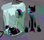 several blobs of tozik from corru observer, lazing around on buildings in the shape of toziks head. extra drawing of tozik except his gloves are now cat paws and his head is rounded and catlike.