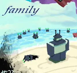 SC-4V (or Essie), a bulky green robot with navy-blue armor, stares off into the ocean. Several creatures with similar hats, eyes, and antennae to Essie peek out of the ocean surface and stare back. One of them is beached on shore, revealing their body to be a strange inky mass. The word 'family' is written in italics.
