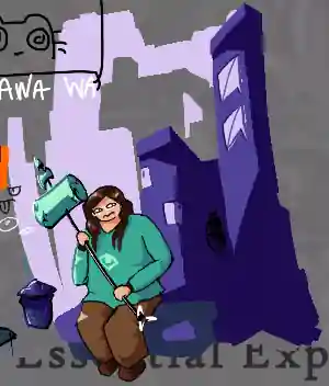 squinting person holding a hammer with a miniature axe and spear head stacked on top. she is sitting on a bench in front of some tall buildings.