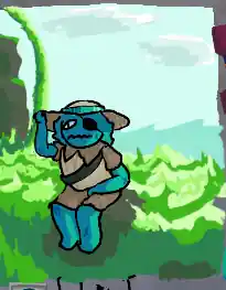 teal person wearing an eyepatch, scout sash, tattered beige scout uniform and sunhat sitting on a rock. they are in a grassy spot with the ocean in the back. one of the tropics famous giant vine is in the back, next to a cliff.