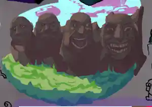heavy from team fortress two's head drawn four times. from left to right: sad and kind of off-model, stern and staring at the viewer, joyous and shouting, and the jerma sus face. they are all mountain carvings on a mountain with brown rock, with a grassy field and clear sky.
