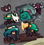 cute red flying bug robot, 3 teal warped fungus creatures (all Tawfin) with one holding a gold axe wnd another holding Hornet Silksong's mask, a teal person being haunted by a distinct lack of rosaries with a faded image of her being hit by that stupid fuckin red drill, and a flying bug with a red drill snout making the horrid spongebob tongue out face, but like, with its drill.