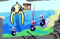 gaster irritated by nasty onion san floating above, with long ass satono diamond tongue censored. gaster with red snorkel and really long breathing tube poking out of water. gaster with mermaid tail in the vague shape of redacted from undertale.