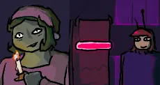 Ieda looks onward in deep agony as Essie stands next to a suspiciously fridge-shaped Avo.