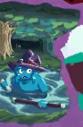 A teal luce-slime wearing a wizards hat wades through waist-deep water, holding a quarterstaff and scroll above the surface. In the distance, a creature wielding a red-tipped staff looms menacingly.