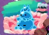 Three blue slime bunnies are stacked on top of eachother. They are laying in a pink field. Trees with pale-blue leaves loom in the distance.